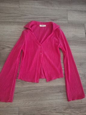 Bright Fuchsia Pleated Button V-Neck Blouse